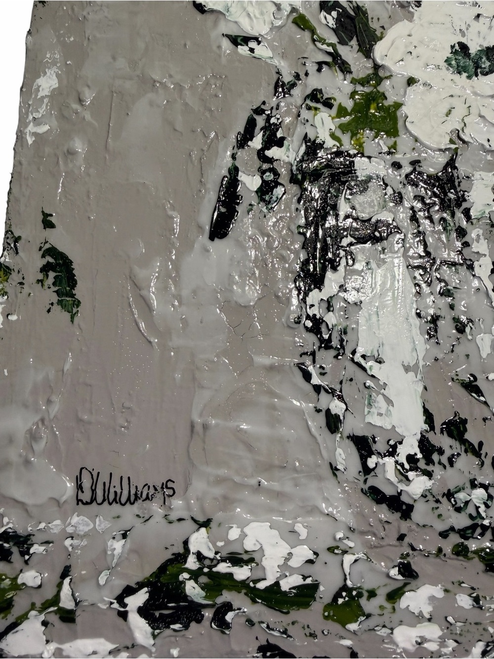 Original Artwork Blooms Textured White with Dark Green on Gray 16 x 20" - Picture 10 of 16